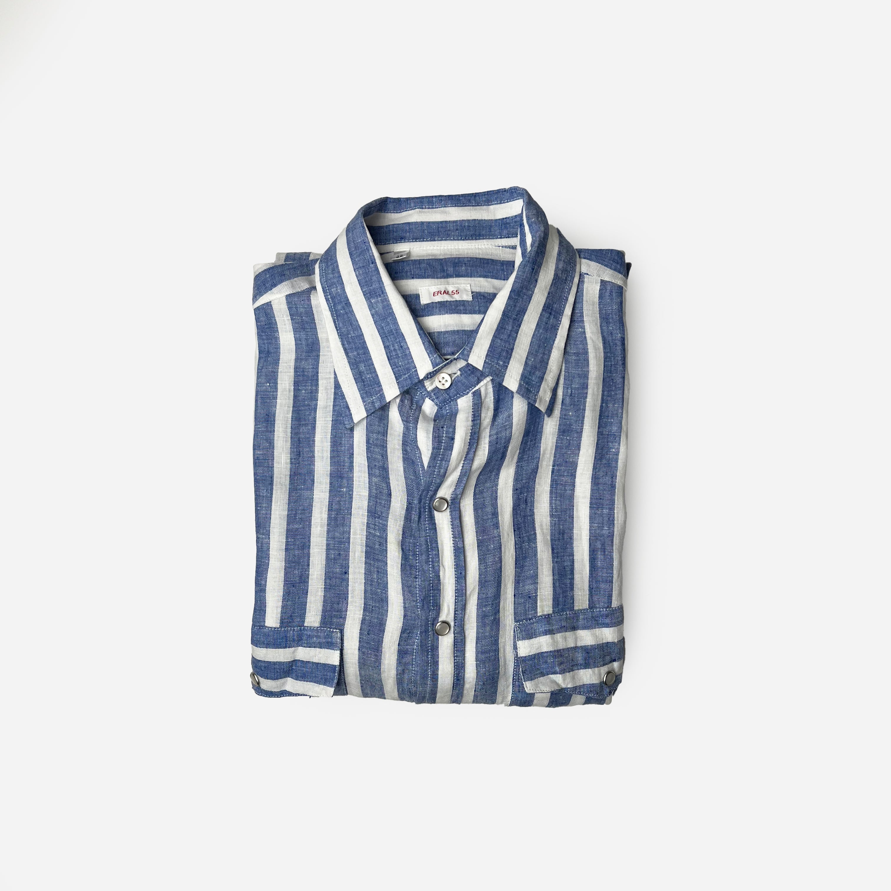 TWO POCKETS STRIPED SHIRT 100% BLUE LINEN 