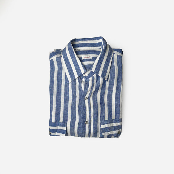 TWO POCKETS STRIPED SHIRT 100% BLUE LINEN 