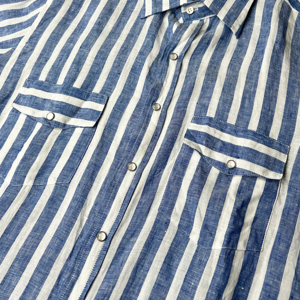 TWO POCKETS STRIPED SHIRT 100% BLUE LINEN 